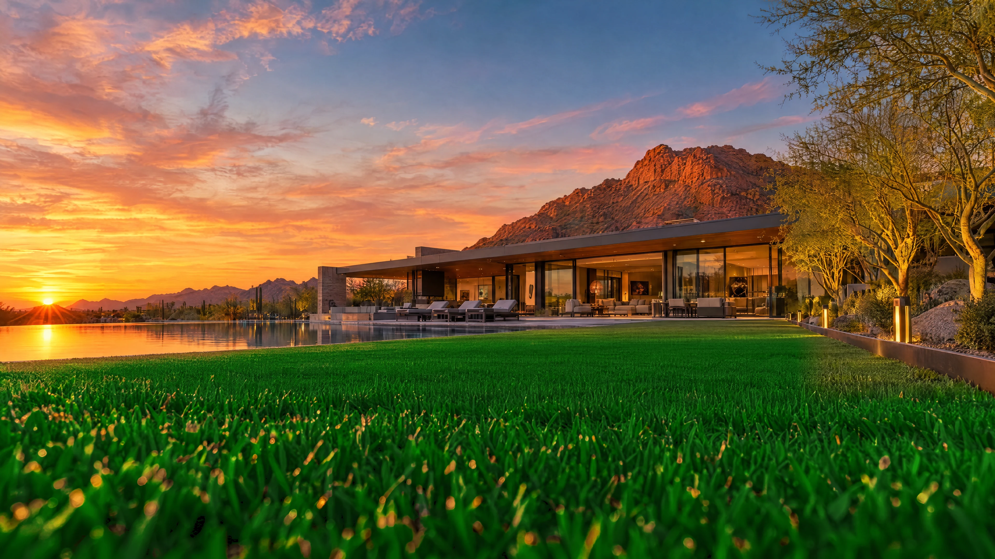 Low view across a green artificial turf lawn to a modern Arizona home and Camelback Mountain at golden hour