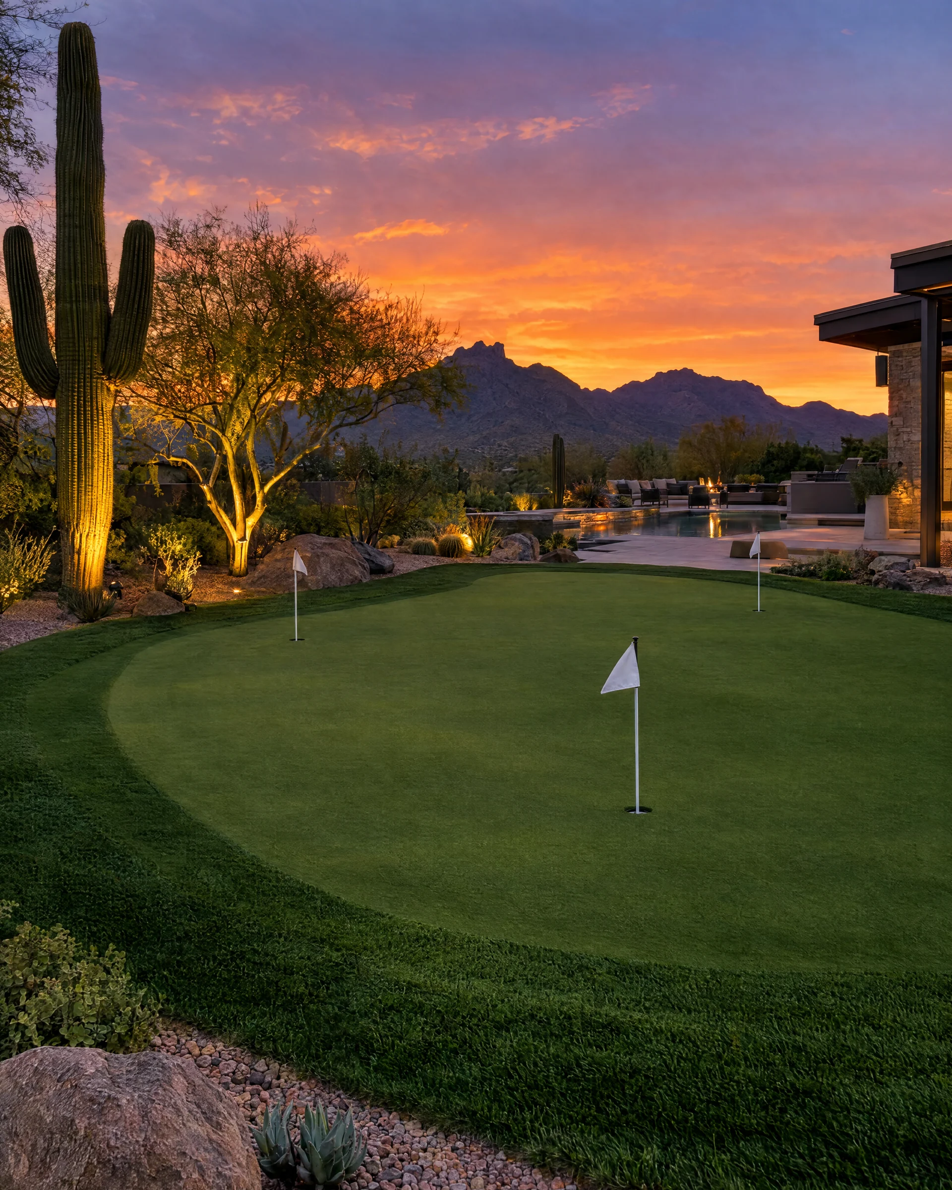 Backyard putting green at dusk in Scottsdale