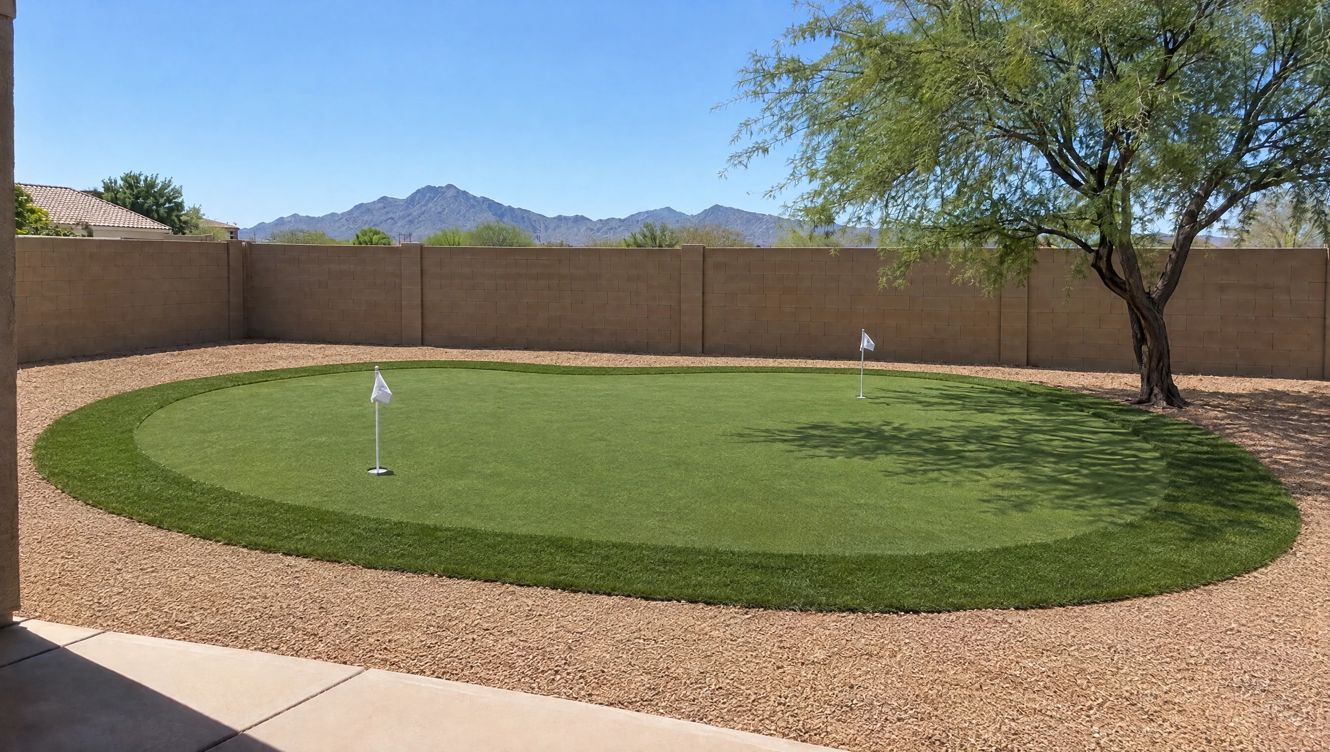 After: Scottsdale backyard, dead lawn replaced with a putting green
